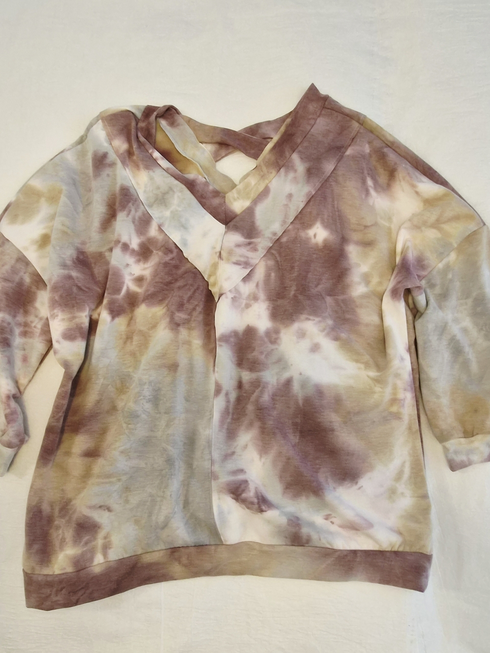Women's Tie-Dye V-Neck Pullover Sweatshirt - Mauve, Cream, Tan